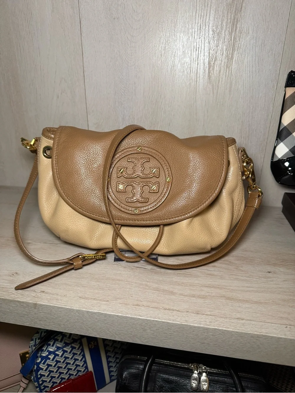 Tory Burch Two-Tone Camel and Beige Pebbled Leather Crossbody
